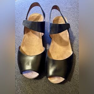 Dansko Vera black leather peep toe wedge sandal